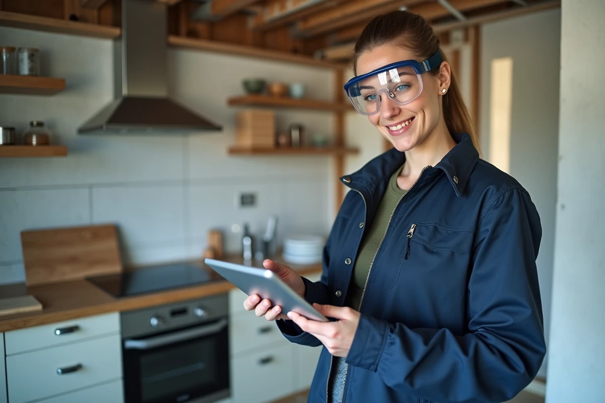 Femme bricoleur consultant une formation certifiante en ligne sur tablette lors d'un chantier de rénovation cuisine