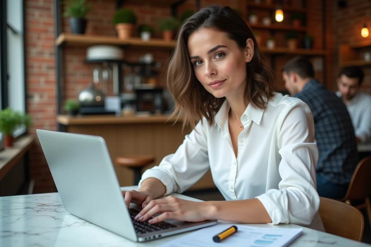 Femme travaillant sur une formation comptable à distance dans un café moderne avec un ordinateur portable