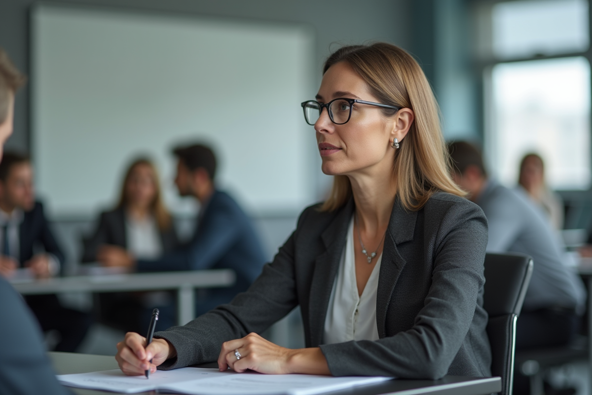 Femme en formation professionnelle en classe moderne