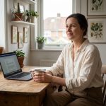 Femme sereine dans son bureau à domicile avec ordinateur
