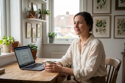 Femme sereine dans son bureau à domicile avec ordinateur