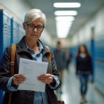 Femme confiante dans un lycée moderne avec un sac