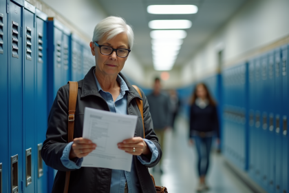 Femme confiante dans un lycée moderne avec un sac