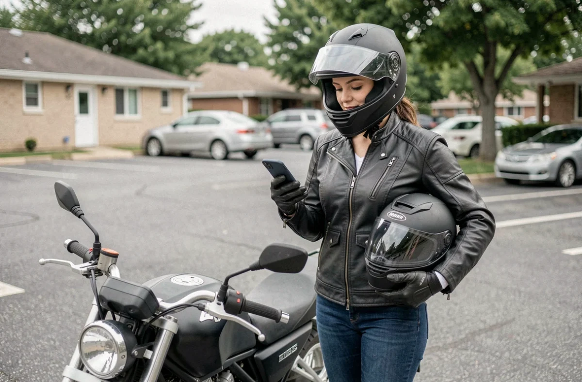 Femme motarde avec casque intégral debout près d'une moto 125 cm3, comparant les options entre permis AM et permis moto A2
