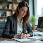 Jeune femme en bureau organise son emploi du temps