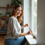 Femme souriante peignant un rebord de fenêtre dans un salon chaleureux