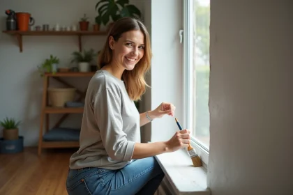 Femme souriante peignant un rebord de fenêtre dans un salon chaleureux