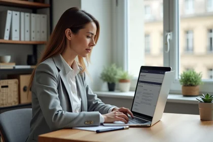 Femme utilisant un portail administratif en ligne depuis son bureau à domicile pour organiser son travail en Île-de-France