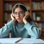 Jeune femme concentrée avec casque audio préparant le test TOEIC listening à son bureau