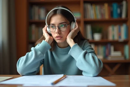 Jeune femme concentrée avec casque audio préparant le test TOEIC listening à son bureau