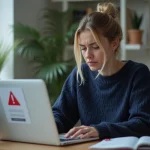 Femme frustrée devant un écran d'erreur de connexion sur un ordinateur portable à son bureau à domicile
