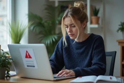Femme frustrée devant un écran d'erreur de connexion sur un ordinateur portable à son bureau à domicile