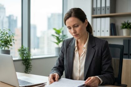 Femme d'affaires en bureau moderne avec documents