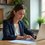 Jeune femme en bureau moderne met à jour son CV