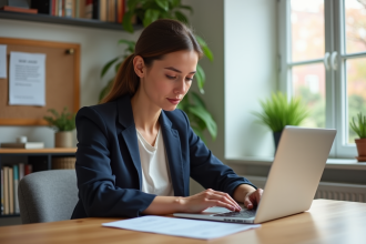 Jeune femme en bureau moderne met à jour son CV