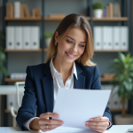 Femme professionnelle en revue de CV dans un bureau moderne