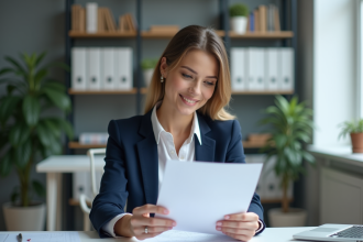Femme professionnelle en revue de CV dans un bureau moderne