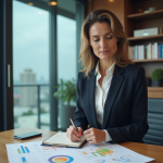 Femme d'affaires concentrée analysant un organigramme en réunion