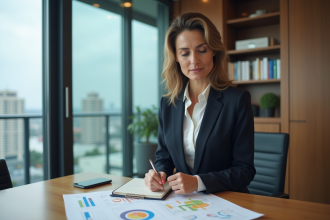 Femme d'affaires concentrée analysant un organigramme en réunion