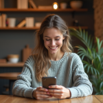 Femme souriante utilisant un smartphone dans un café cosy