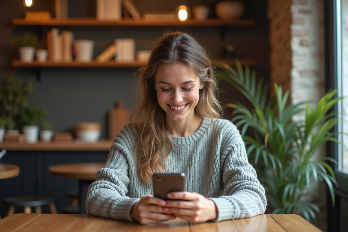 Femme souriante utilisant un smartphone dans un café cosy