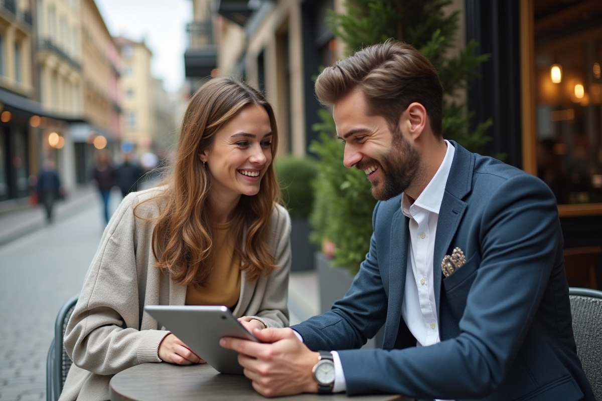 Jeune femme souriante consultant avec un collègue en extérieur