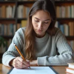 Jeune femme concentrée répondant à un test de QI imprimé à son bureau à domicile