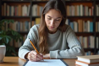 Jeune femme concentrée répondant à un test de QI imprimé à son bureau à domicile