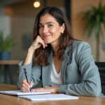 Femme concentrée prenant des notes dans un bureau moderne