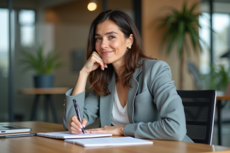 Femme concentrée prenant des notes dans un bureau moderne