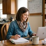 Femme assise à la maison travaillant sur son ordinateur