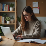 Jeune femme travaillant sur son ordinateur dans un bureau cosy
