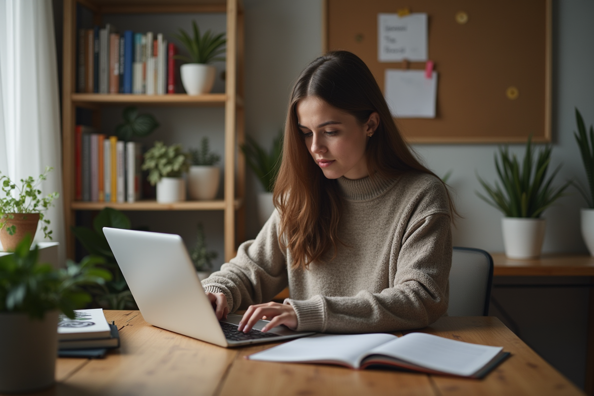 Jeune femme travaillant sur son ordinateur dans un bureau cosy