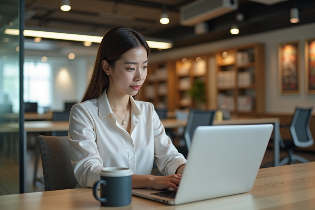 Jeune femme travaillant sur un module de formation LMS dans un bureau