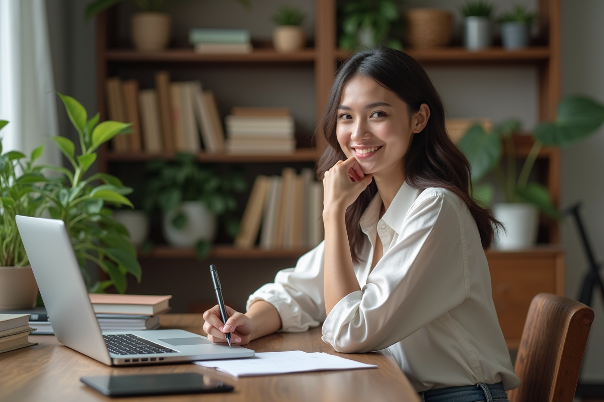 Jeune femme souriante en bureau à domicile