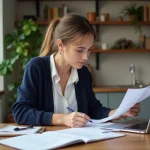 Jeune femme concentrée travaillant sur un ordinateur dans une cuisine lumineuse