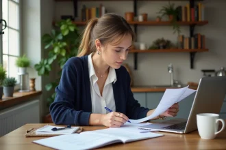 Jeune femme concentrée travaillant sur un ordinateur dans une cuisine lumineuse