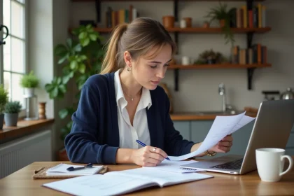 Jeune femme concentrée travaillant sur un ordinateur dans une cuisine lumineuse