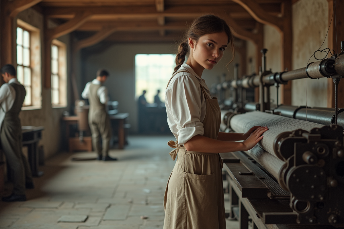 Jeune femme ajustant un métier à tisser à vapeur dans l