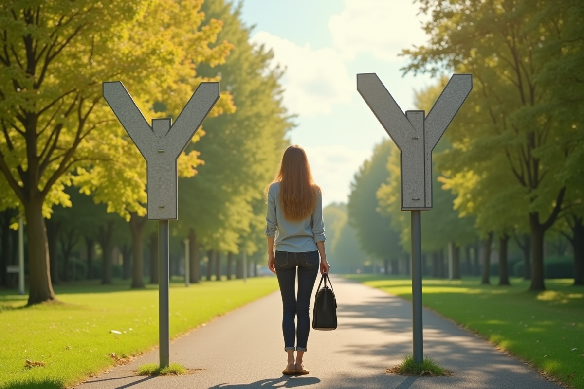 Jeune femme à un carrefour dans un parc ensoleille