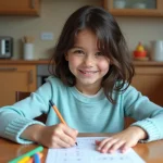 Jeune fille de 7 ans concentrée sur une fiche scolaire à la maison