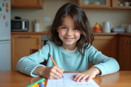 Jeune fille de 7 ans concentrée sur une fiche scolaire à la maison