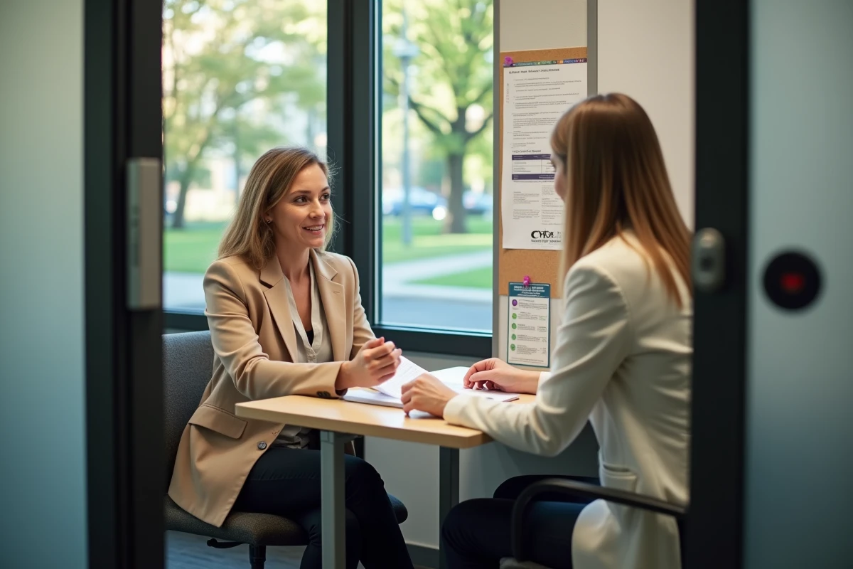 Femme en reprise de formation professionnelle discutant du paiement de la CVEC avec un conseiller pédagogique universitaire