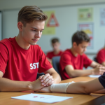 Jeune homme en formation secourisme pratique en classe