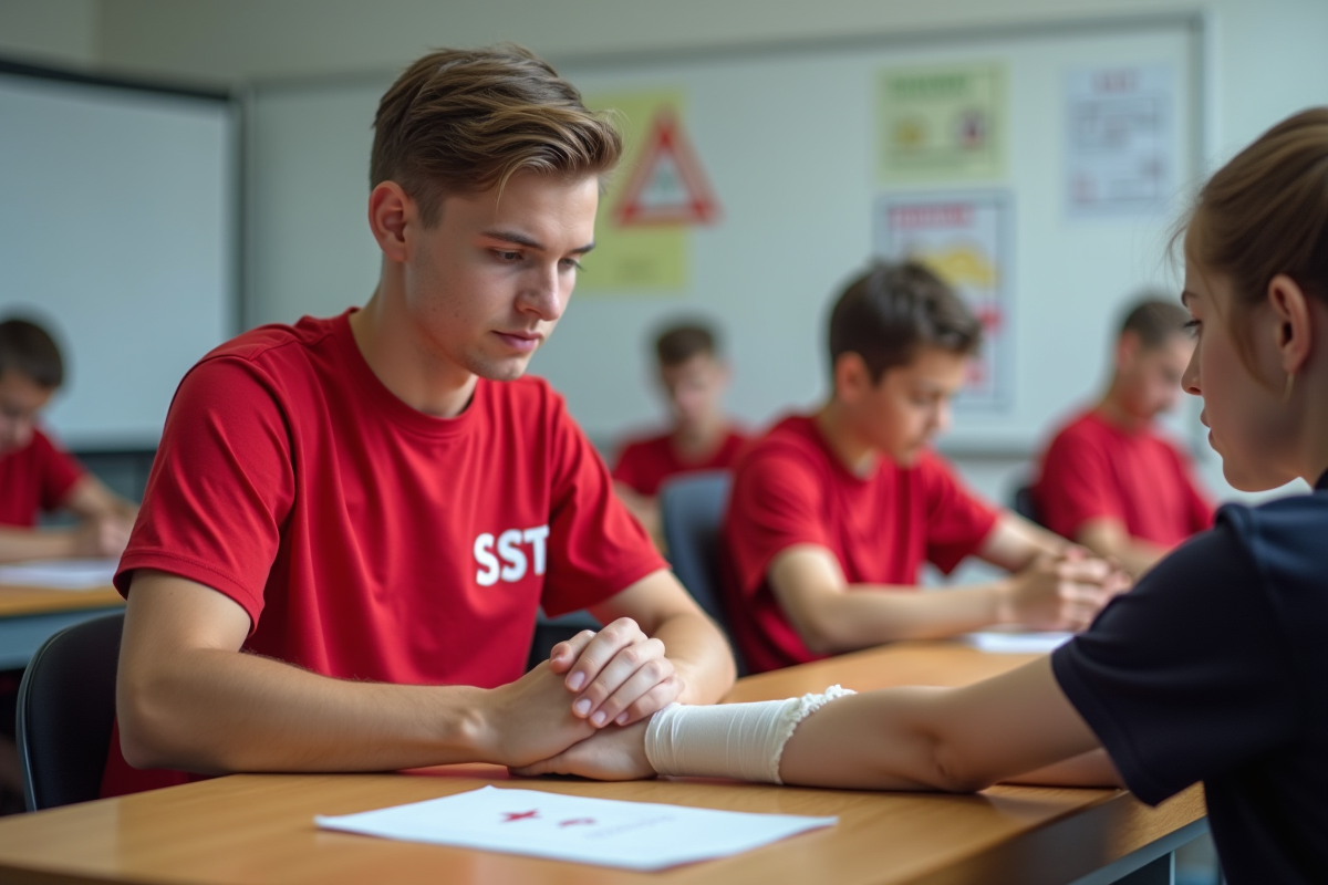 Jeune homme en formation secourisme pratique en classe