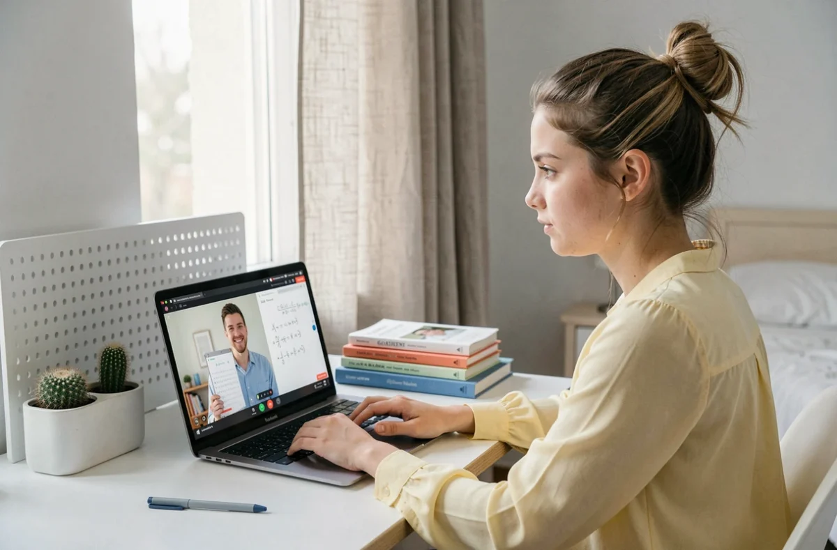 Lycéenne bretonne en session de cours particuliers en ligne avec GoStudent sur son ordinateur dans sa chambre