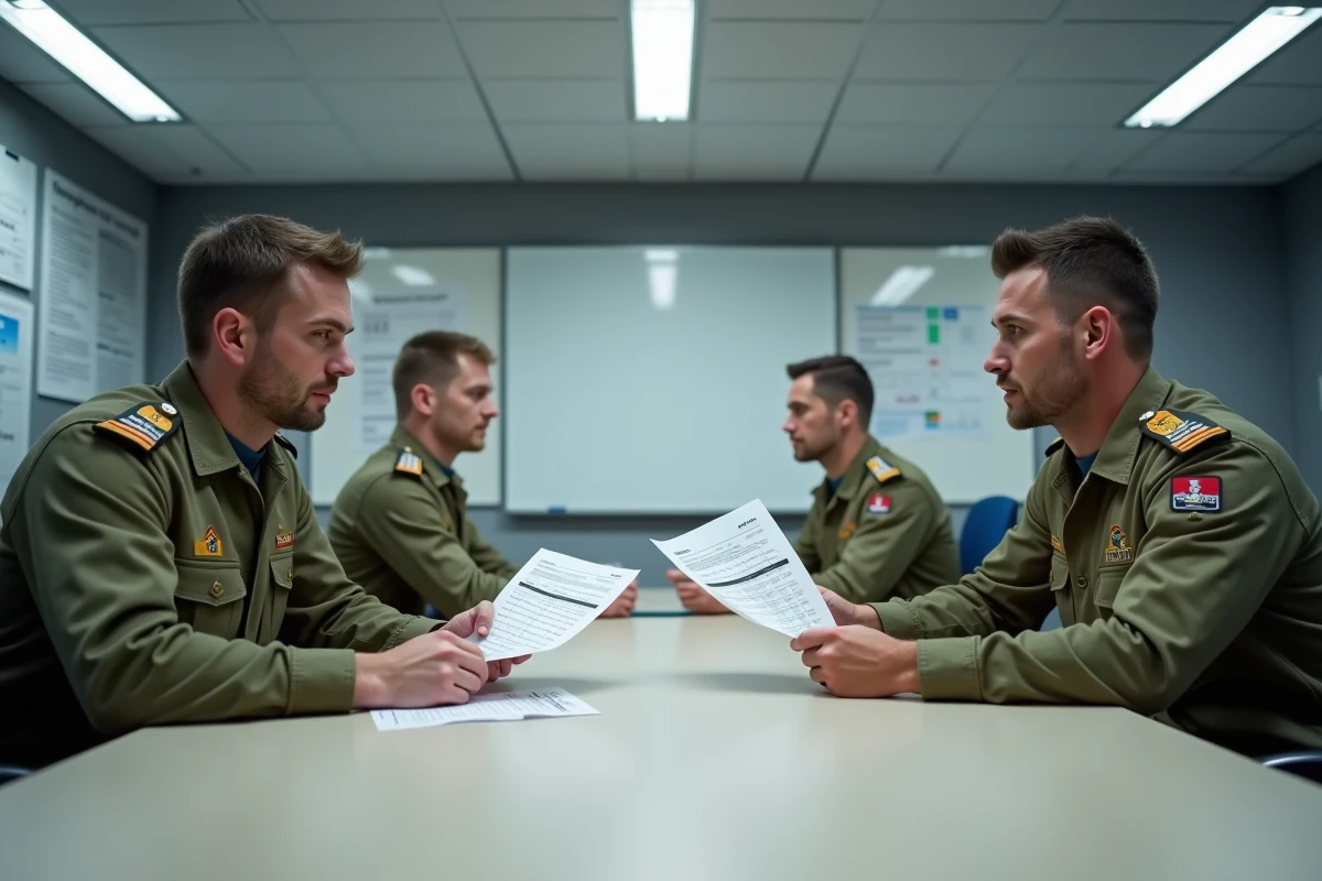 Deux sous-officiers de grades différents comparant une grille de salaires dans un bureau des ressources humaines militaires