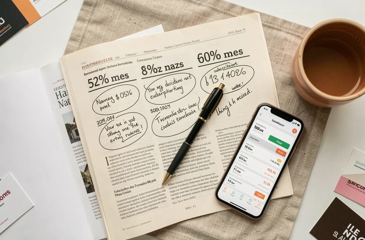 Gros plan sur un magazine de formation business ouvert avec des annotations sur la hausse des tarifs 2026