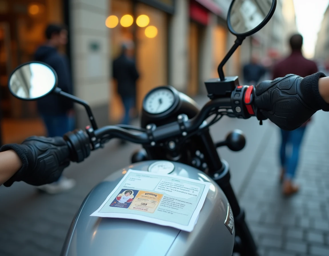 Gros plan sur les mains gantées d'un motard tenant le guidon avec permis A2 et document réglementaire posés sur le réservoir