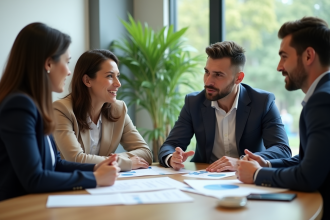 Groupe de quatre professionnels en réunion de travail